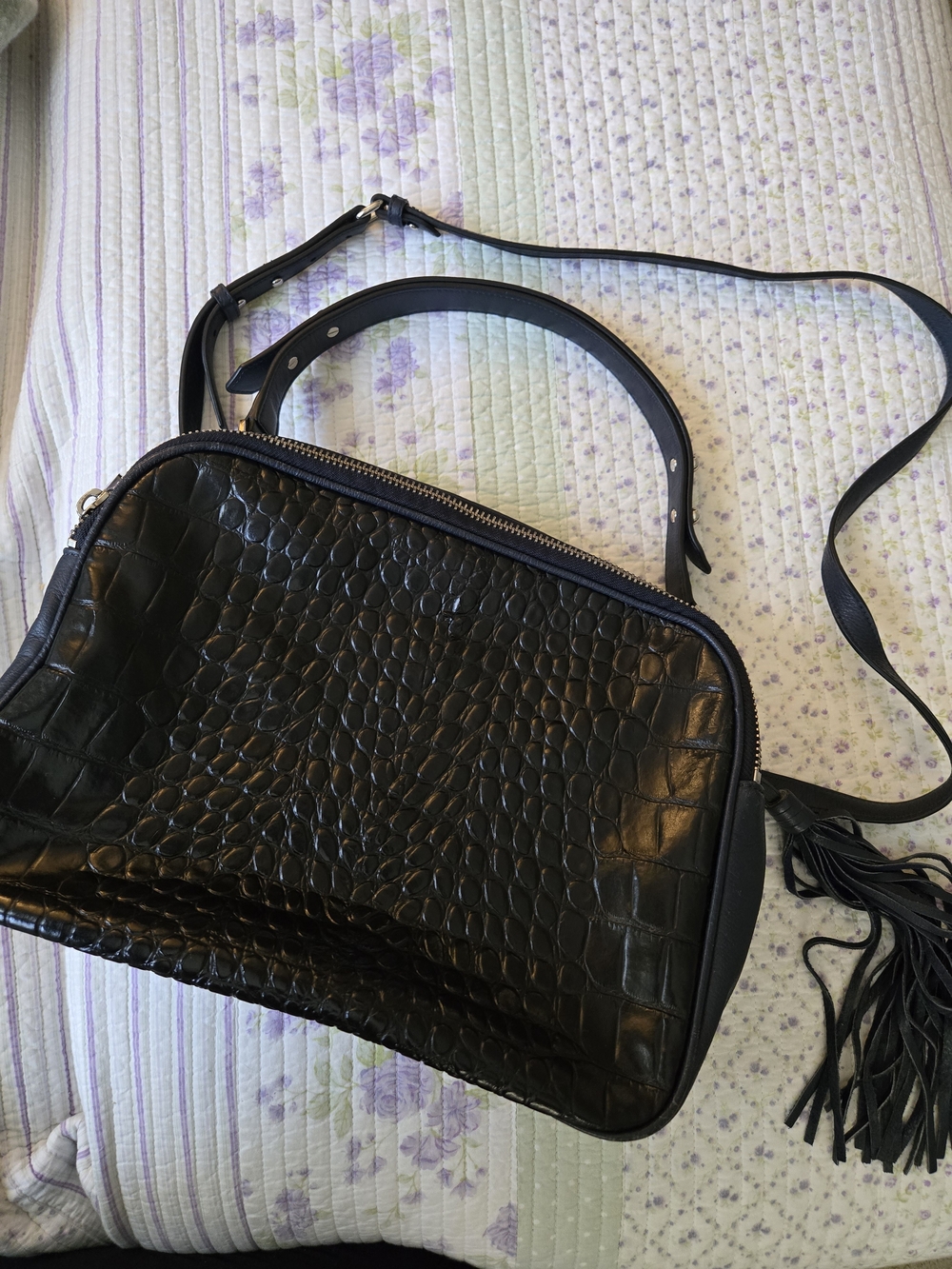Pour La Victoire Black Croc-Embossed Shoulder Bag with Tassel